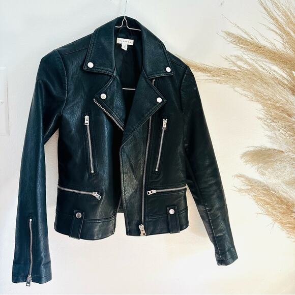 TOPSHOP Black Faux Vegan Leather Offset Side Zip Classic Moto Biker Jacket 4 - Picture 3 of 15